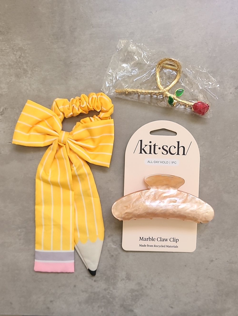 kitsch Blush Marble Claw Clip Rose Gold Hair Yellow Pencil Scrunchie NEW School